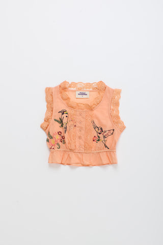 Birds Embroidered Ruffle Top Orange