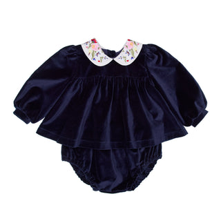 Haven Baby Blouse Velvet and Bloomers Set, Dark Blue by Paade Mode
