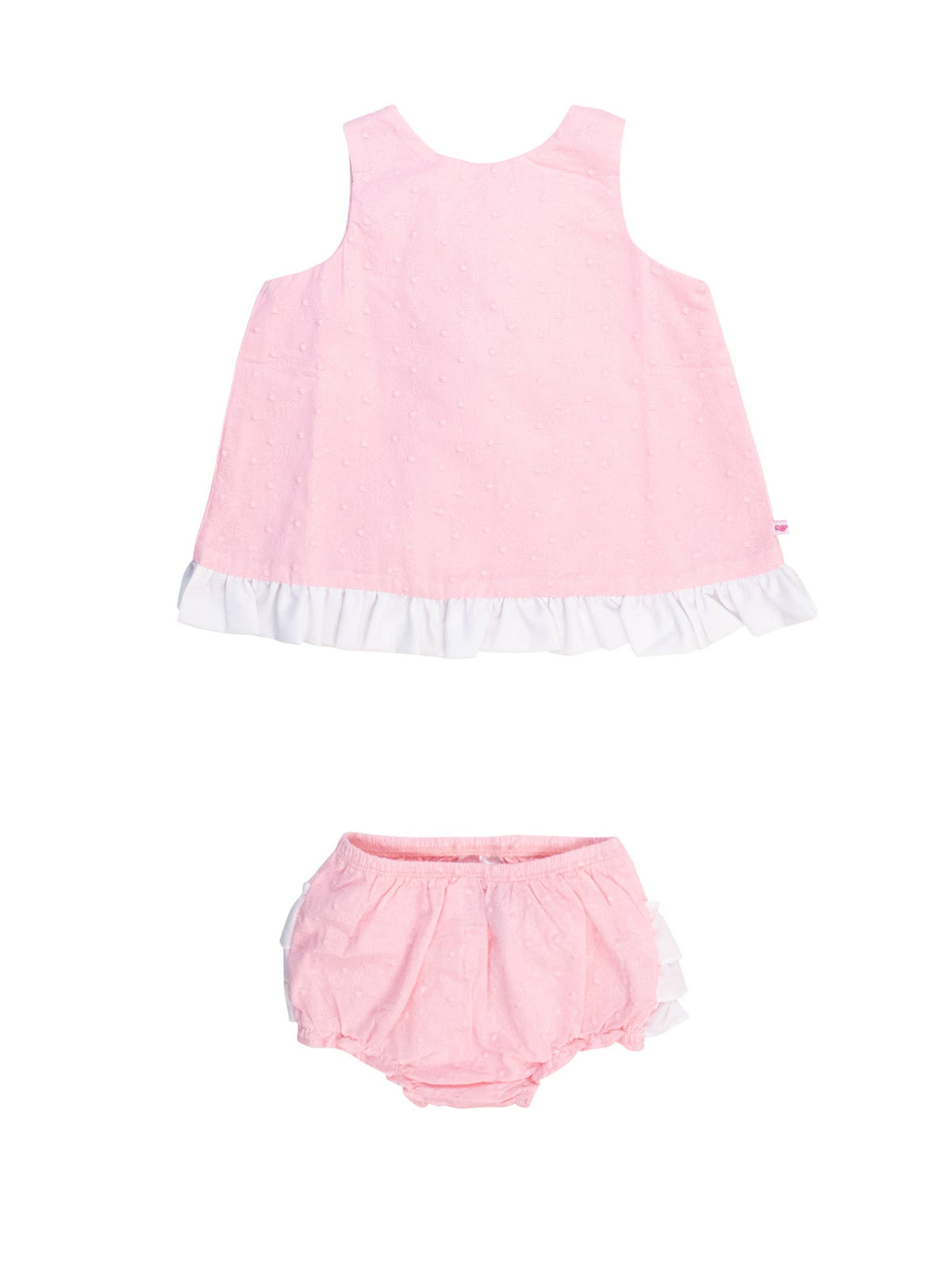 Pink & White Swiss Dot Swing Top & Bloomer Set by RuffleButts + RuggedButts, view 2