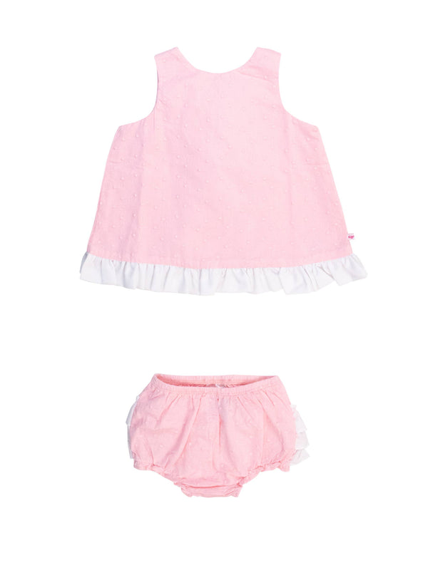 Pink & White Swiss Dot Swing Top & Bloomer Set by RuffleButts + RuggedButts, view 2