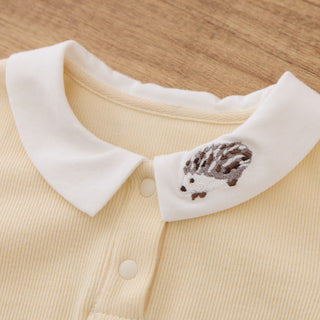 Long-sleeve Ribbed Collar Bodysuit - Hedgehog Embroidery