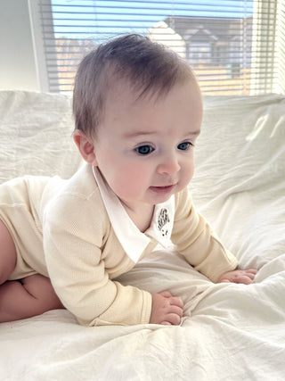 Long-sleeve Ribbed Collar Bodysuit - Hedgehog Embroidery