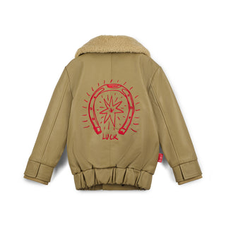 Bad Luck Horseshoe Khaki Leather Jacket by Fille Garçon