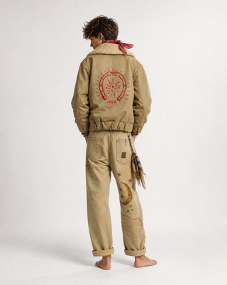 Bad Luck Horseshoe Khaki Leather Jacket by Fille Garçon