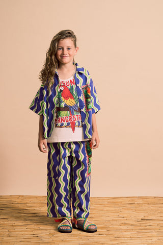 6 year old boy wearing Loros Wavy Shirt Blue from Maison Mangostan rented from Bundle to Bundle