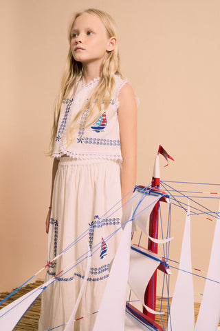 6 year old girl wearing Barcos Embroidered Vest Top from Maison Mangostan rented on Bundle to Bundle